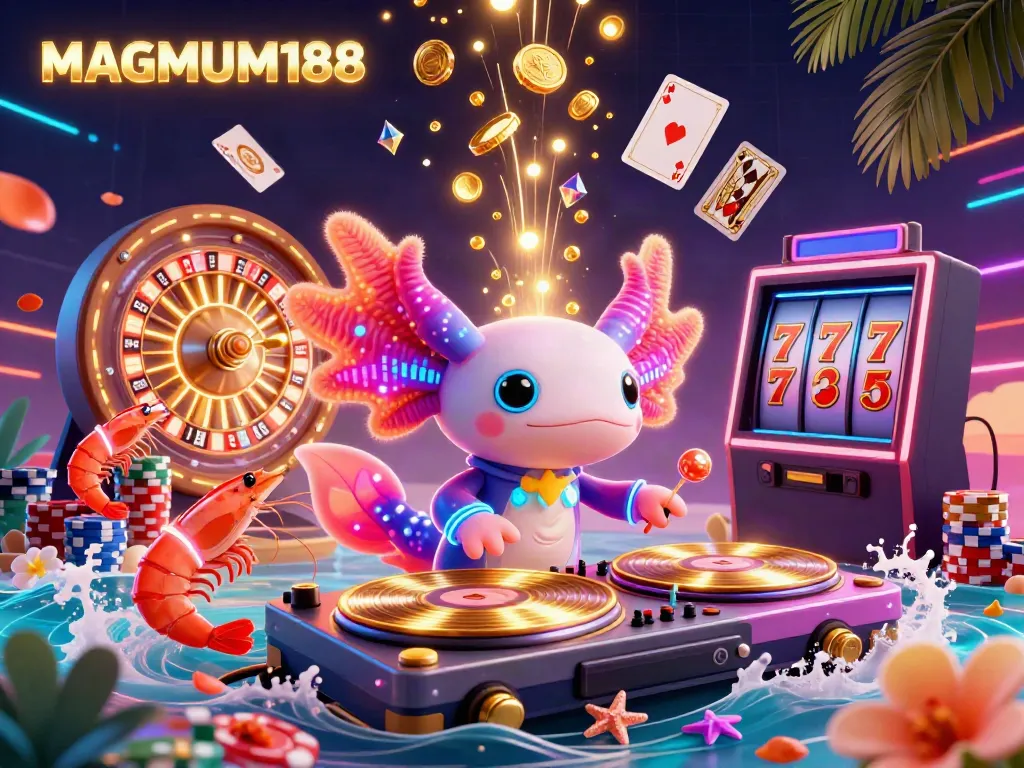 Experience MAGNUM188's vibrant casino atmosphere with a neon axolotl DJ, flying coins, and immersive gaming elements.
