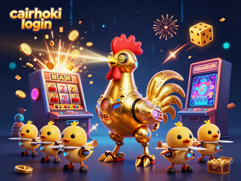 Temukan cara untuk cairhoki login dengan ilustrasi robot ayam emas futuristik di kasino online.