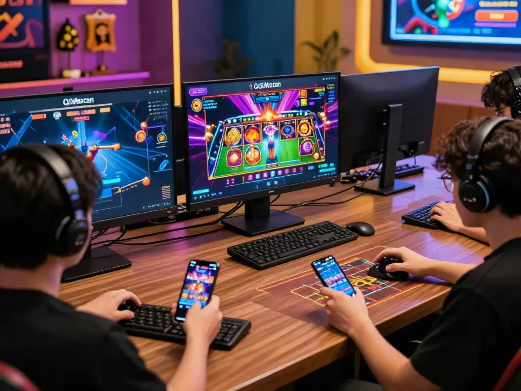 Players enjoying qqmacan online gaming with vibrant visuals and multiple devices.