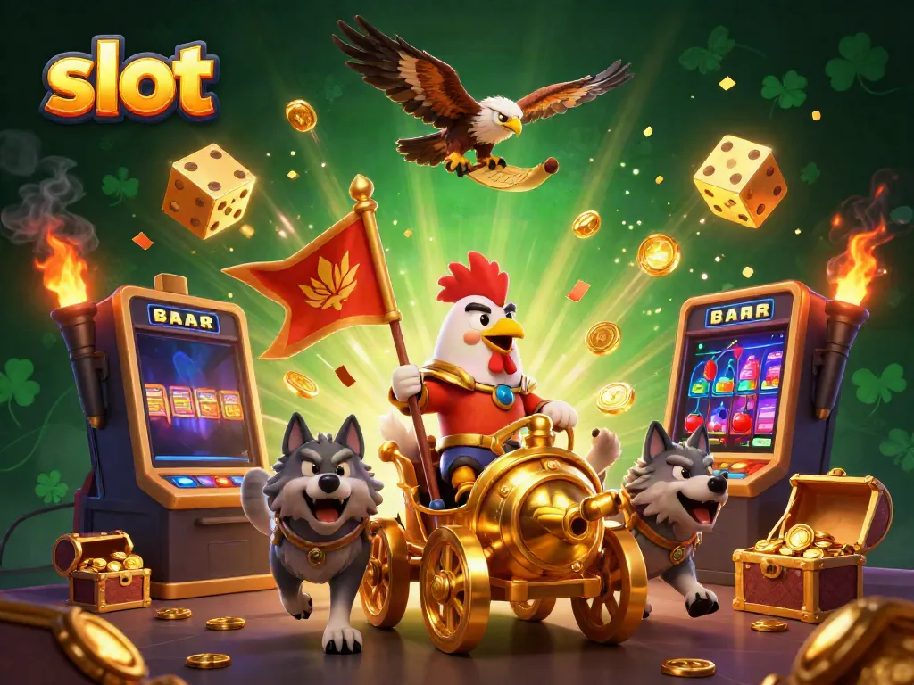 Experience thrilling slot action with a 3D rooster warlord and jackpot explosion.