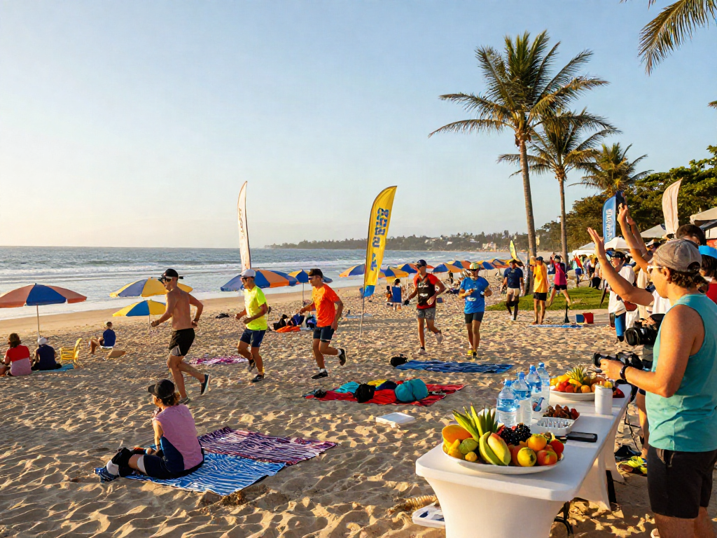 Participants enjoying a lively slot 5k event on a sunny beach.