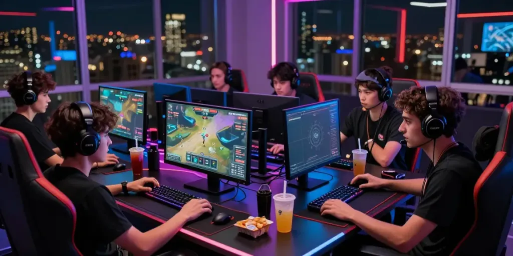 Gamers actively engaged in luxury111 online gaming session with intense graphics