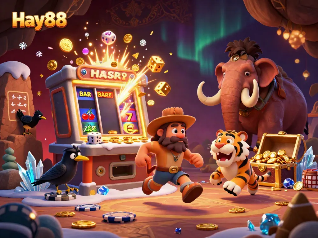 Experience the excitement of Hay88 with a dynamic 3D illustration showcasing a prehistoric casino filled with games and vibrant characters.
