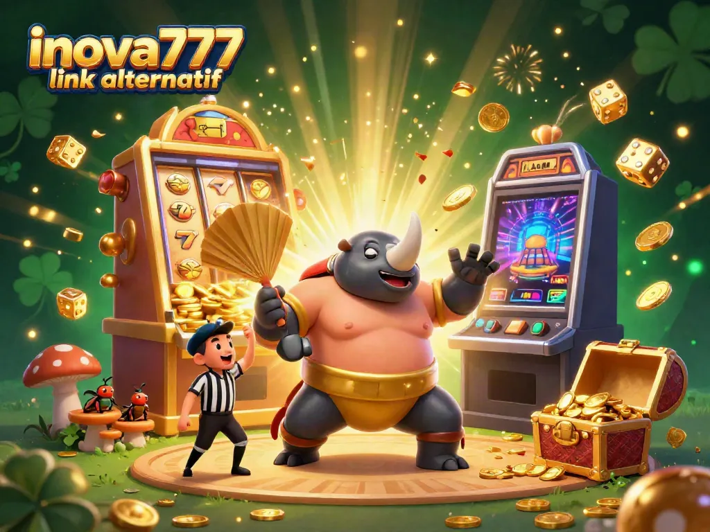Experience the thrill of inova777 link alternatif with a dynamic 3D illustration showcasing a rhinoceros beetle sumo champion amidst a jackpot explosion.