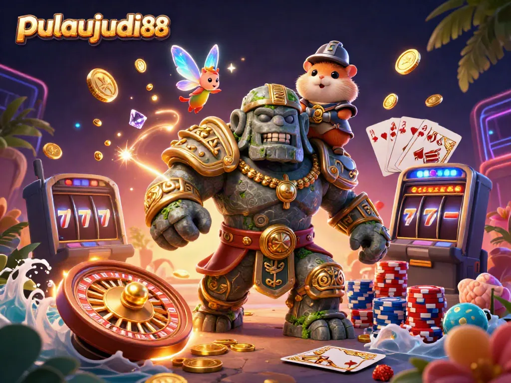 Pulaujudi88 menyajikan ilustrasi 3D menarik dengan karakter penjaga golem dan hamster kesatria tengah beraksi.