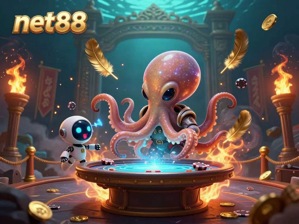 Experience thrilling poker action in the vibrant world of net88 with a holographic poker table and characters.