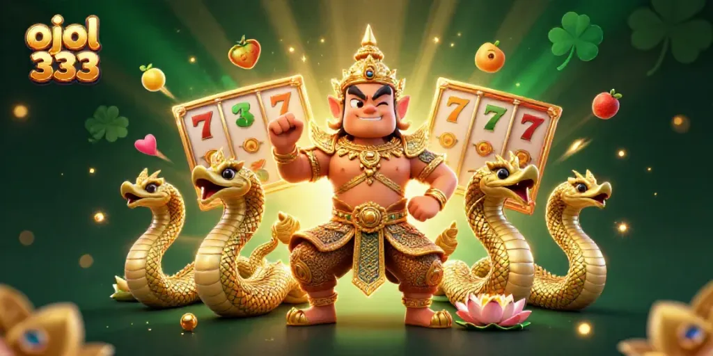 Engage in thrilling gameplay at ojol 333 with vibrant slot reels and captivating golden temple guardian illustrations.