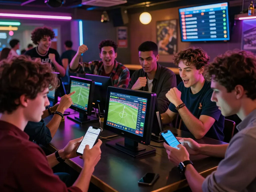 Excited bettors at a sports bar analyzing live odds on the WWBOLA platform.