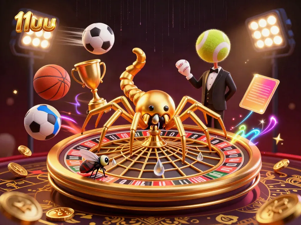 Engaging 3D scene with 11uu, featuring a golden spider casino web, sports elements and dynamic lighting.