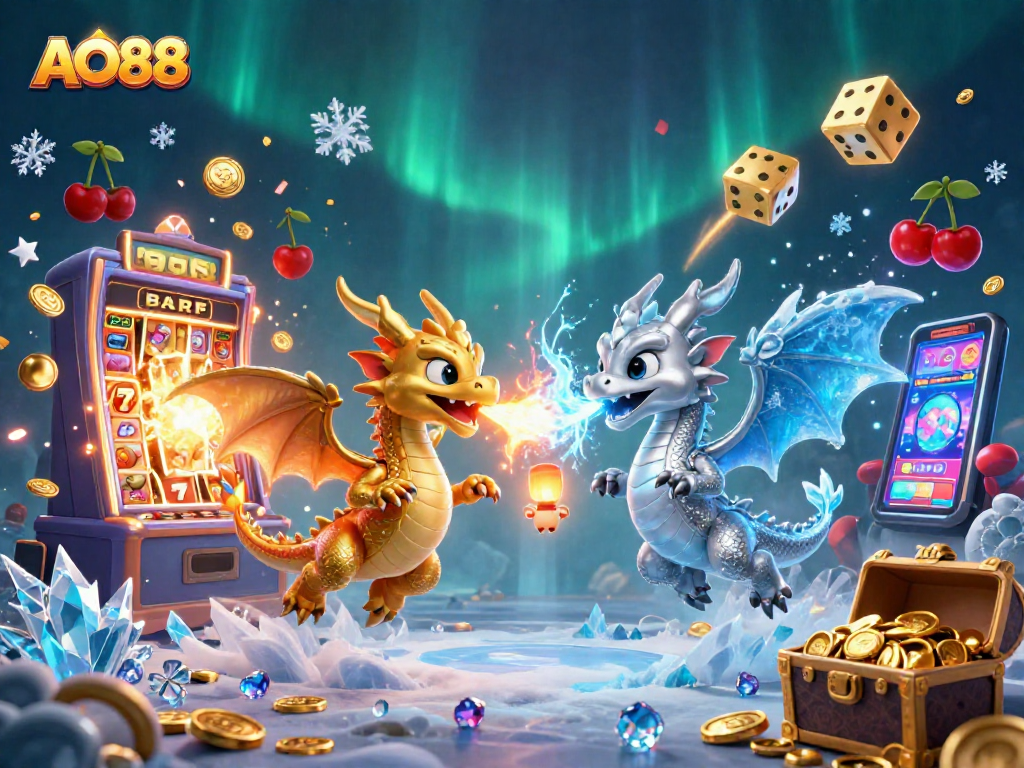 Experience thrilling gameplay at AO88 with an engaging 3D dragon scene featuring dynamic casino elements.