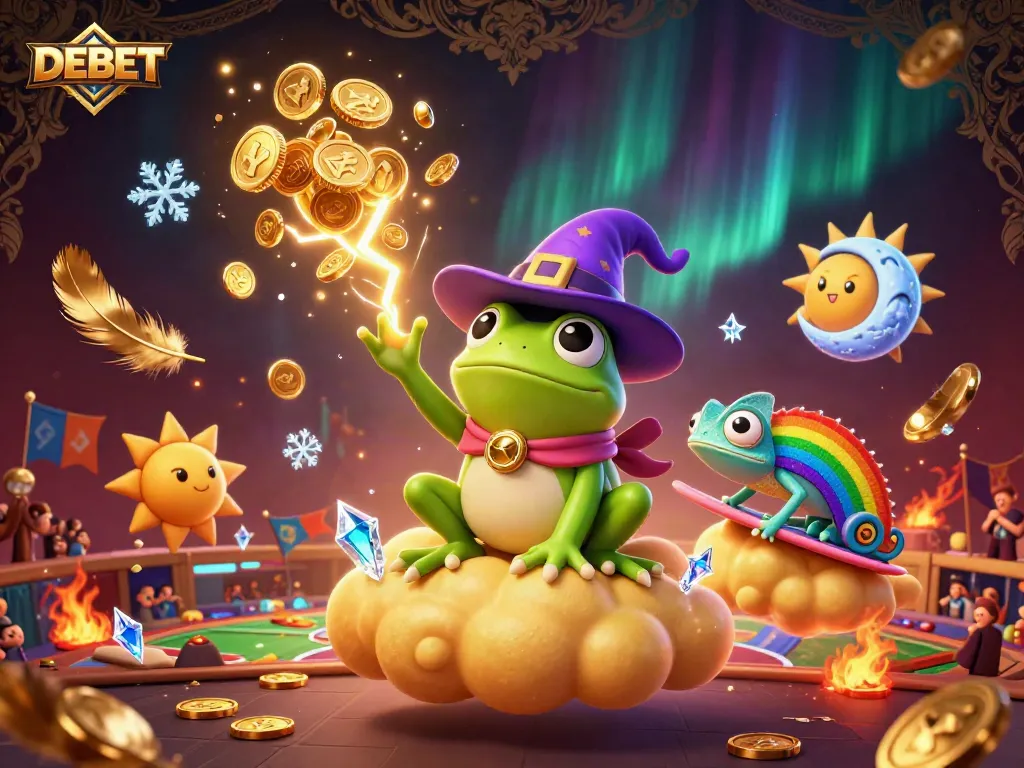 Join the DEBET sports betting excitement with dynamic characters, golden coins, and vibrant atmosphere.