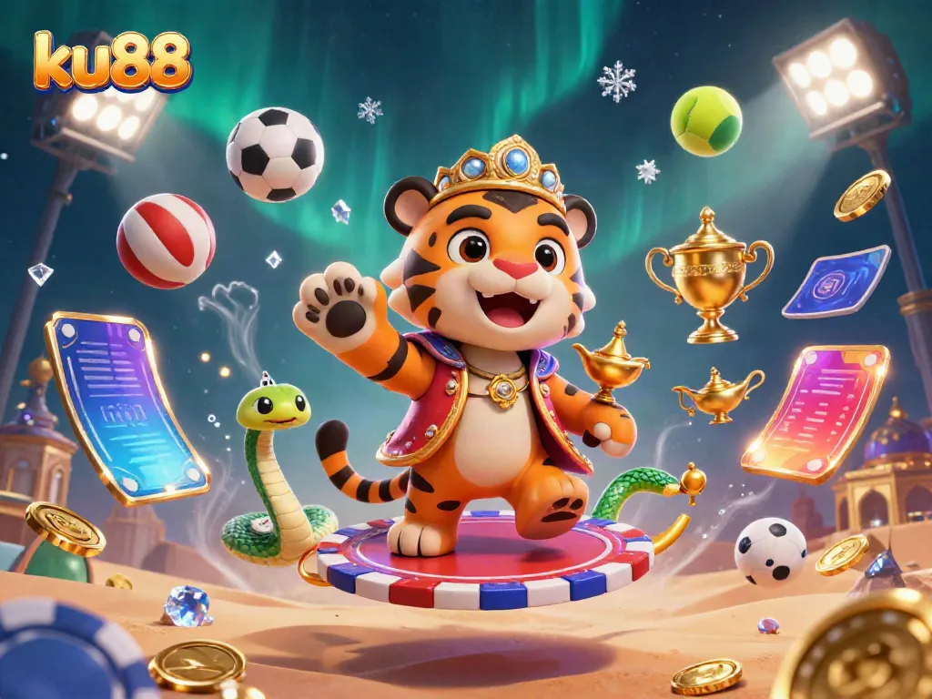Experience the dynamic scene at ku88 with the tiger sultan on a poker chip carpet, surrounded by sports balls.
