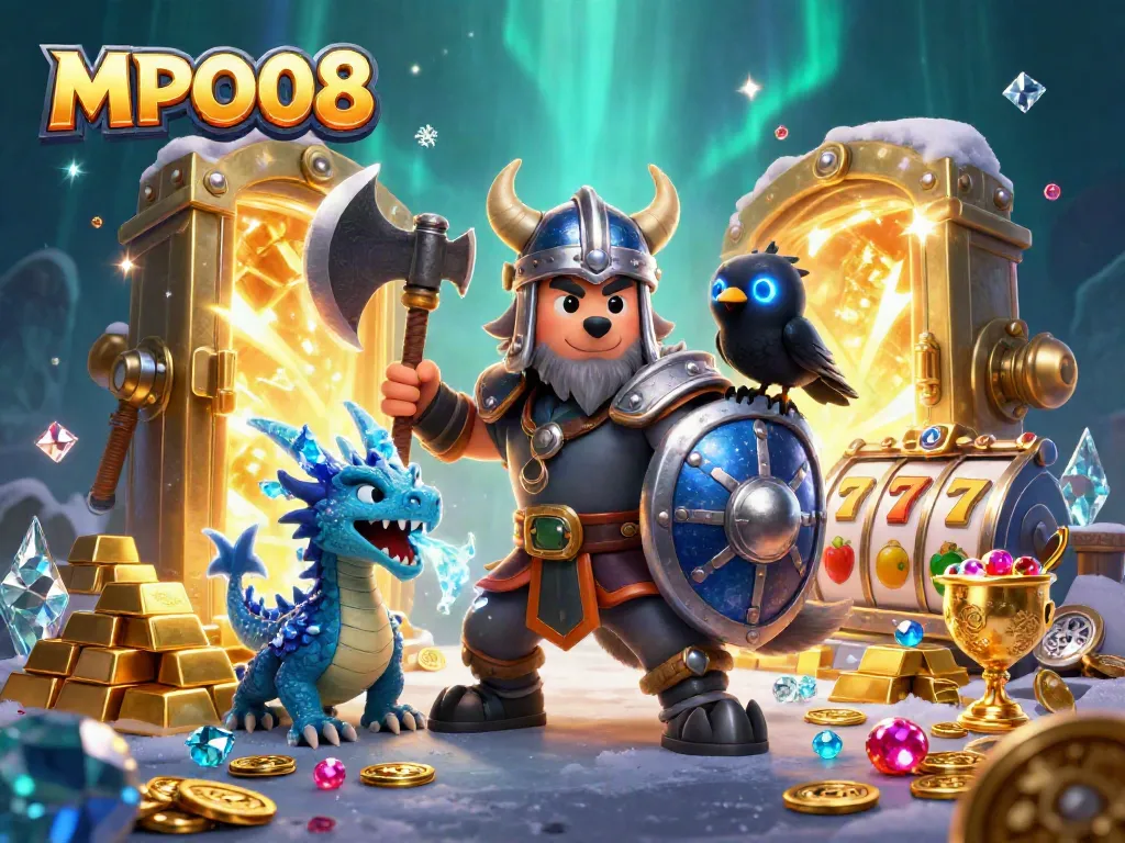 Engage with MPO08's interactive online slots, featuring a Viking wolf warrior and treasure galore.