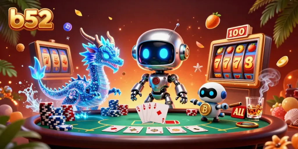 Engage with b52's vibrant casino atmosphere featuring a cyberpunk robot and animated dragon.