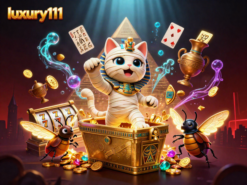 Experience luxury111 with an Egyptian mummy cat bursting from a pyramid casino, surrounded by vibrant gaming elements.