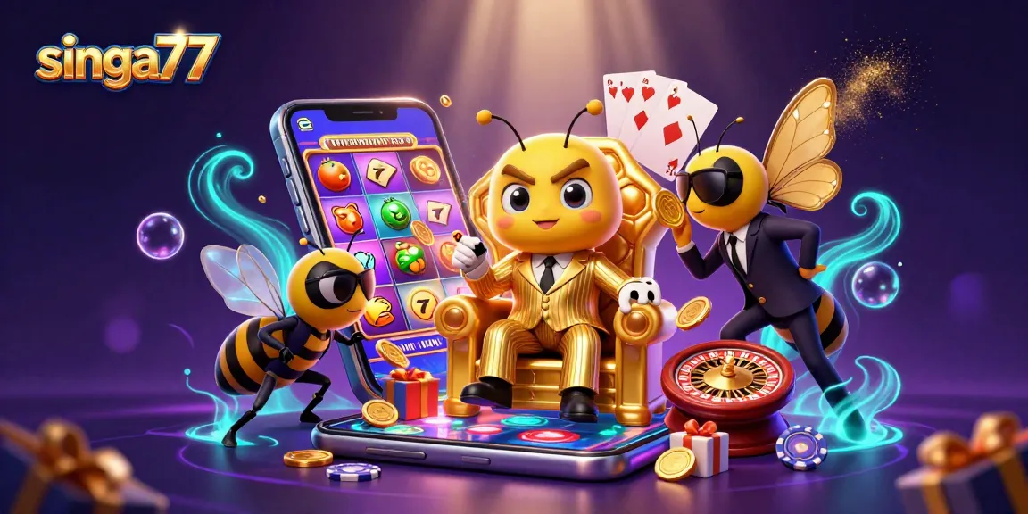 Singa77 casino scene featuring vibrant 3D characters with golden slots and playful elements.