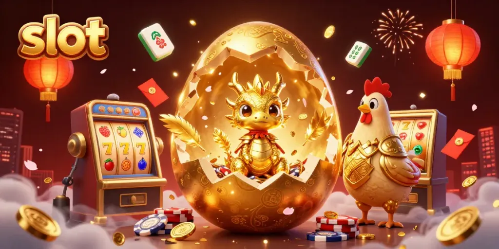Engage with dynamic slot scenes featuring a golden baby dragon, poker chips, and festive elements.
