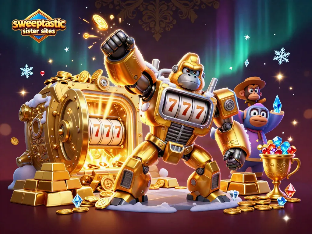 Sweeptastic sister sites explore a dynamic scene of winning with a golden gorilla mech and treasures.