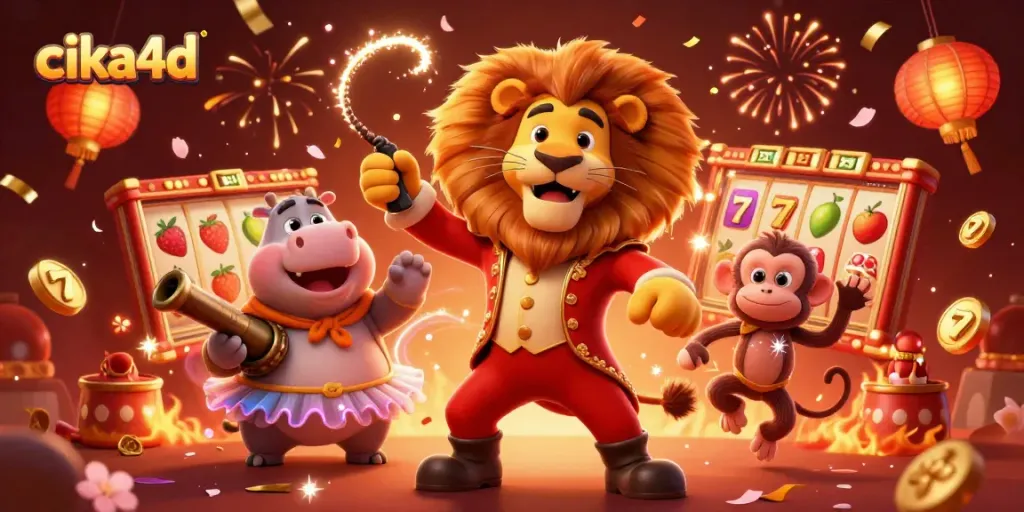 Cika4d interactive casino scene featuring a circus lion, hippo, and monkey with slot machines.