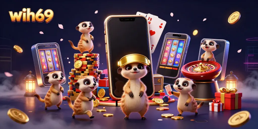 Beraksi di WIH69, koloni meerkat menjalankan kasino yang megah dengan elemen slot dan koin emas.