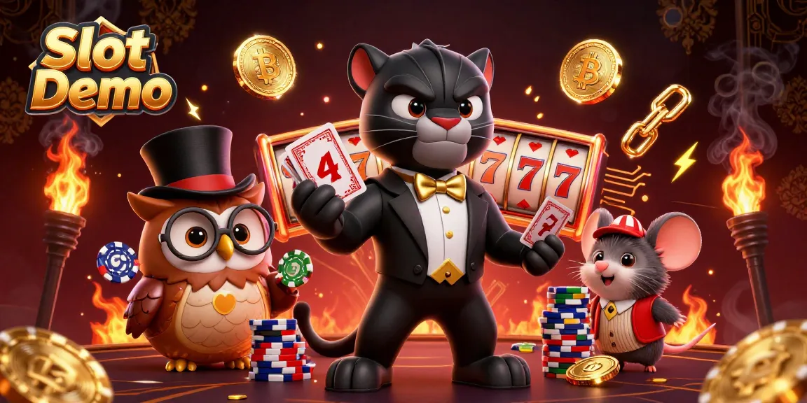 Engage with Slot Demo by spinning vibrant slot reels and lucky 7s in a lively casino scene.