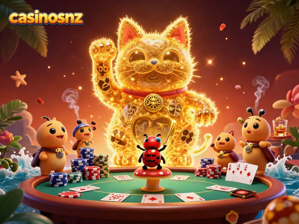 Engage with casinosnz through an enchanting 3D lucky cat and poker elements illustration.