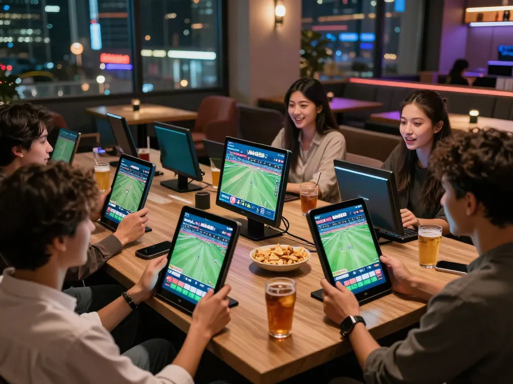 Group enjoying sports betting with peh888 app in a lively lounge.