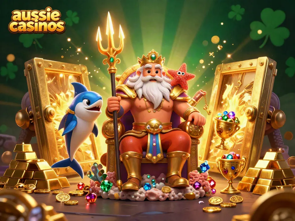 Aussie casinos showcase vibrant 3D sea king Neptune with treasures and sparkles illuminating the scene