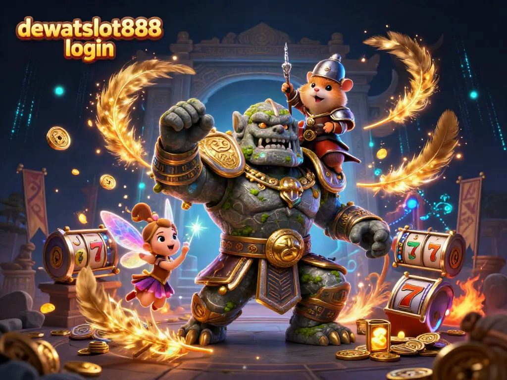 Masuk ke dewataslot888 login dengan slot dan simbol keberuntungan dalam ilustrasi 3D yang menarik.