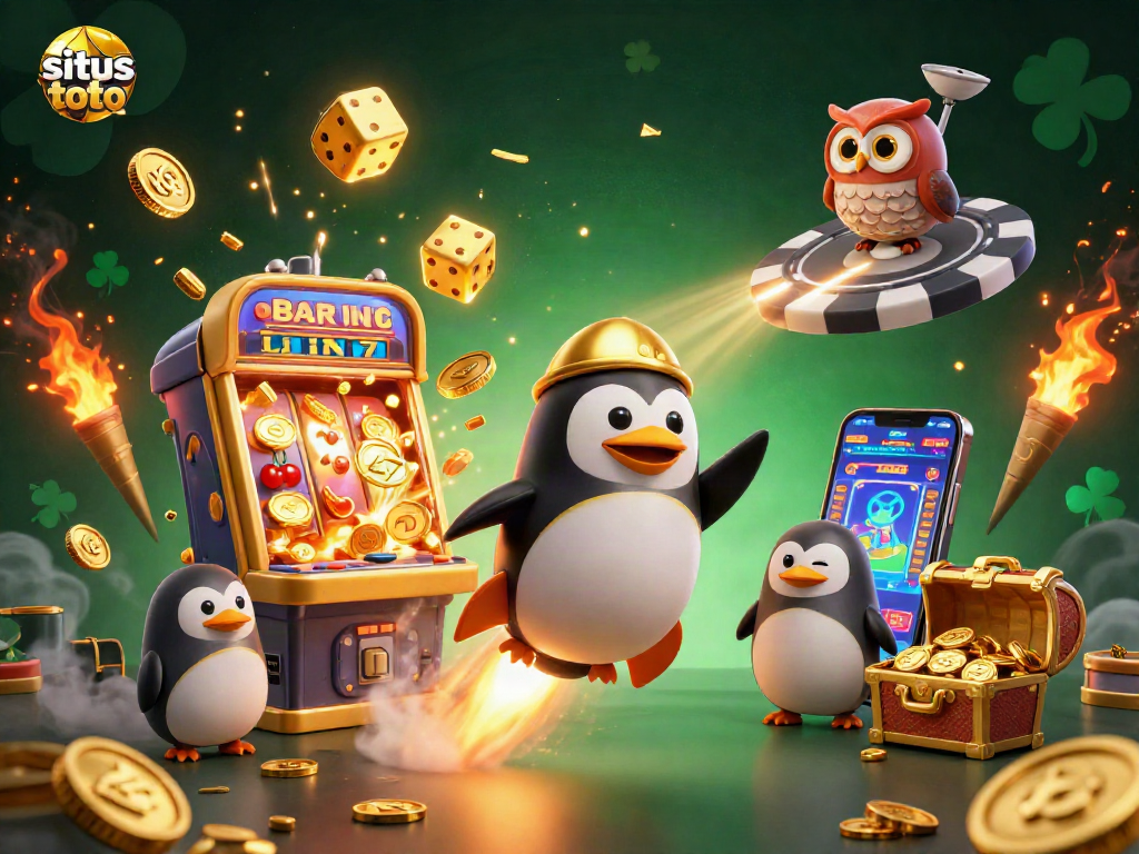 Engage with situs toto: Penguin rocket soaring through a vibrant casino space scene.