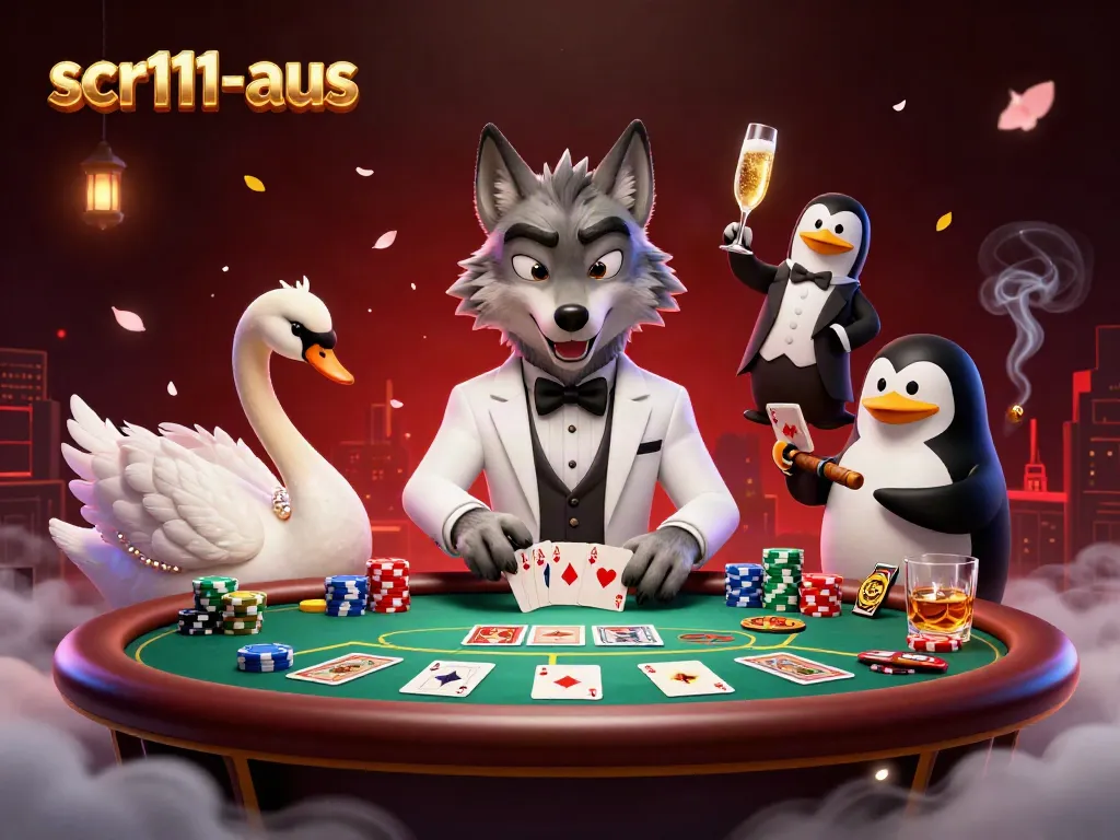 Experience excitement at scr111-aus with a dynamic card game scene featuring a debonair wolf and friends.