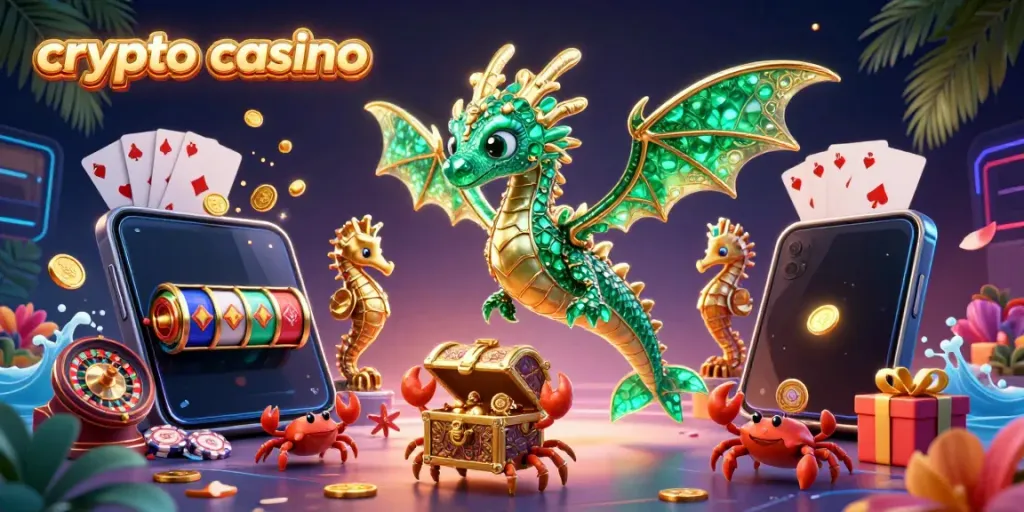Experience thrilling games at the crypto casino with colorful slots, playing cards, and gold coins.