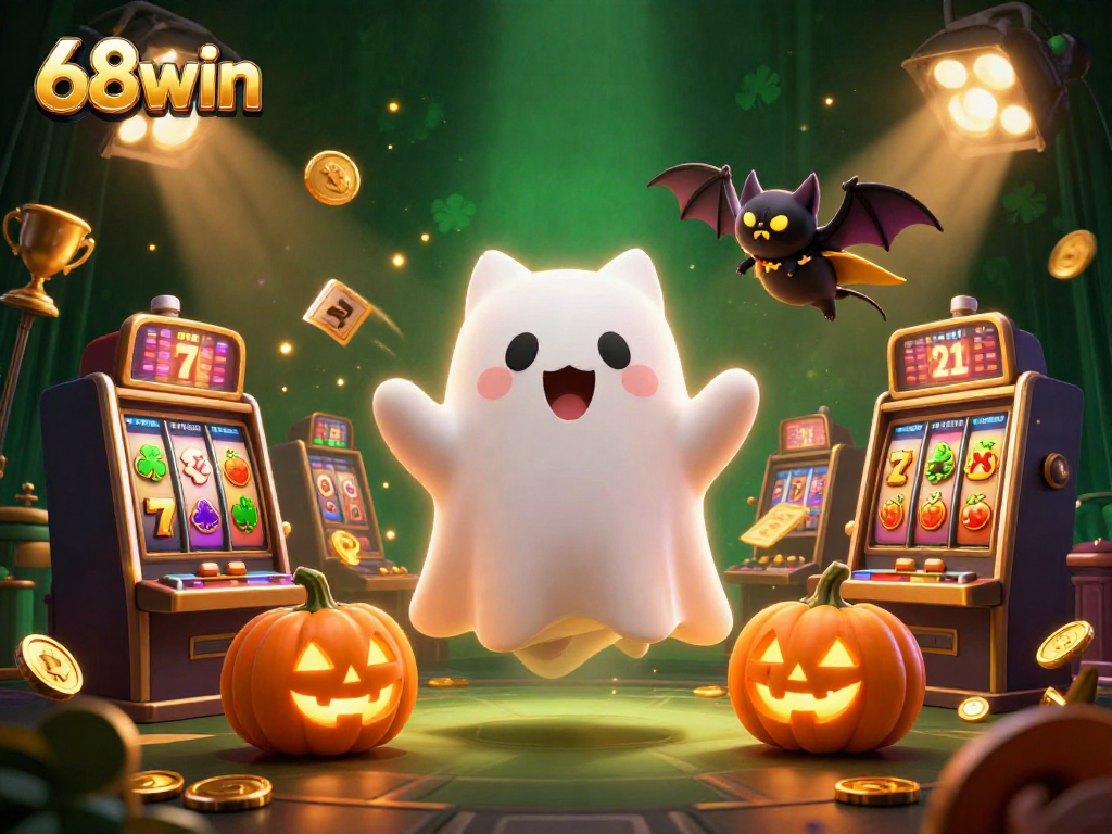 Experience the excitement at 68win with a ghost cat and vibrant casino elements.