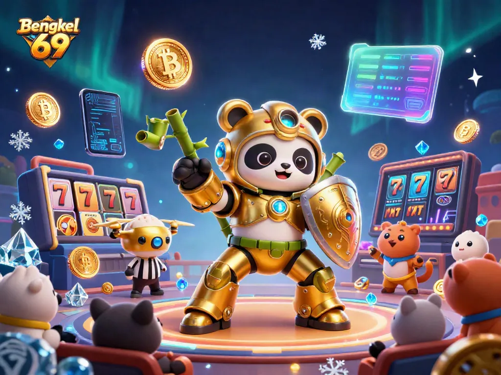 Bengkel 69 showcases a golden panda battling with slot reel elements in a vibrant casino scene.
