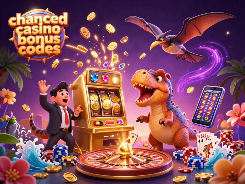 Chanced casino bonus codes illustrated with cartoon dinosaurs winning coins while playing slots in a vibrant casino