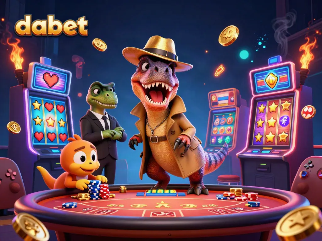 Dabet's vibrant casino scene with a velociraptor at the blackjack table and slot machines in action.