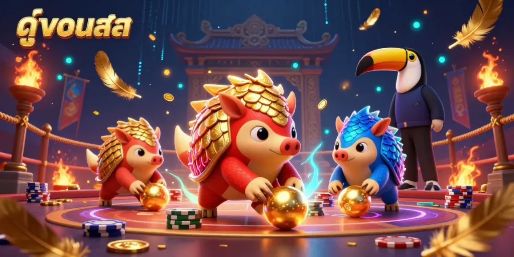 Experience the excitement of ดูบอลสด with vibrant 3D pangolins and casino elements in a dynamic illustration.