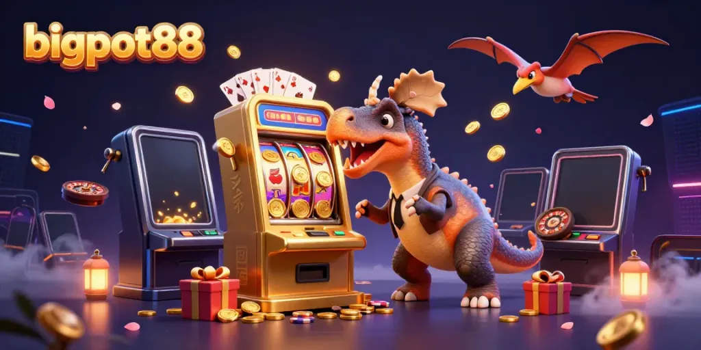 bigpot88 showcases thrilling slot action with a dinosaur mascot winning jackpots in a vibrant casino scene.