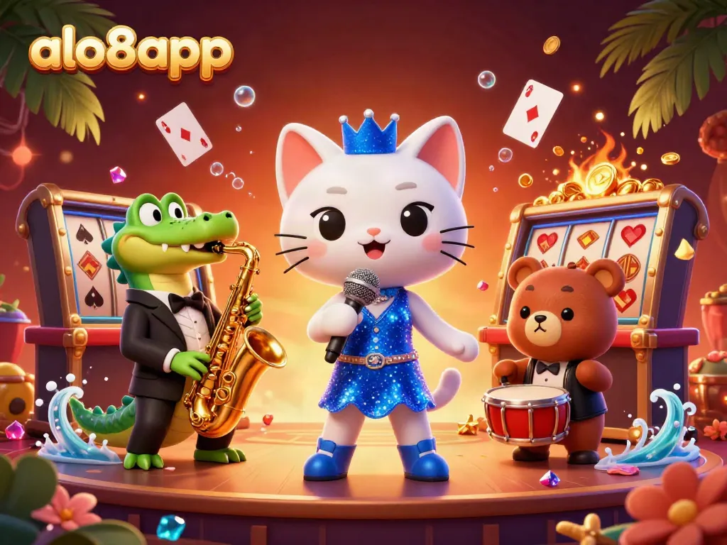 Experience gaming excitement with alo8app at a vibrant animated casino scene featuring a jazzy cat, crocodile, and bear.