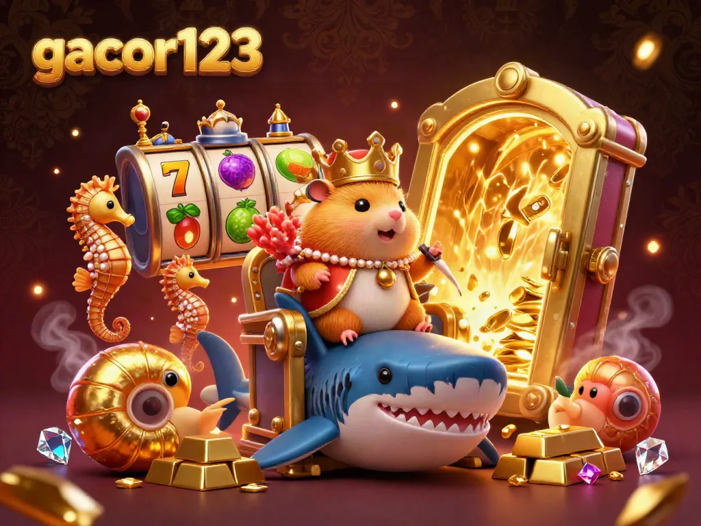 Experience winning thrills with gacor123 featuring a golden hamster king and treasure-rich casino elements.