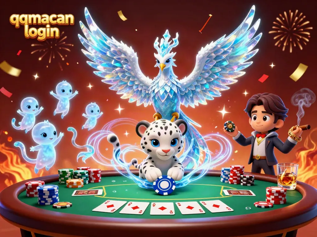 Engage with thrilling games at qqmacan login with an enchanting casino scene featuring mythical creatures and exciting game elements.