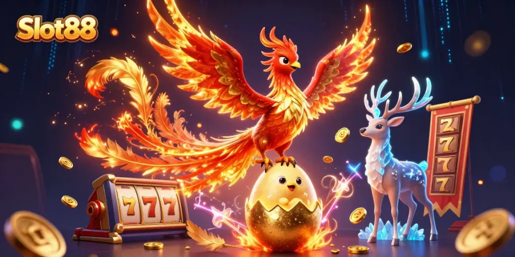Experience thrilling Slot88 action with a phoenix soaring over slot reels and gold coins.