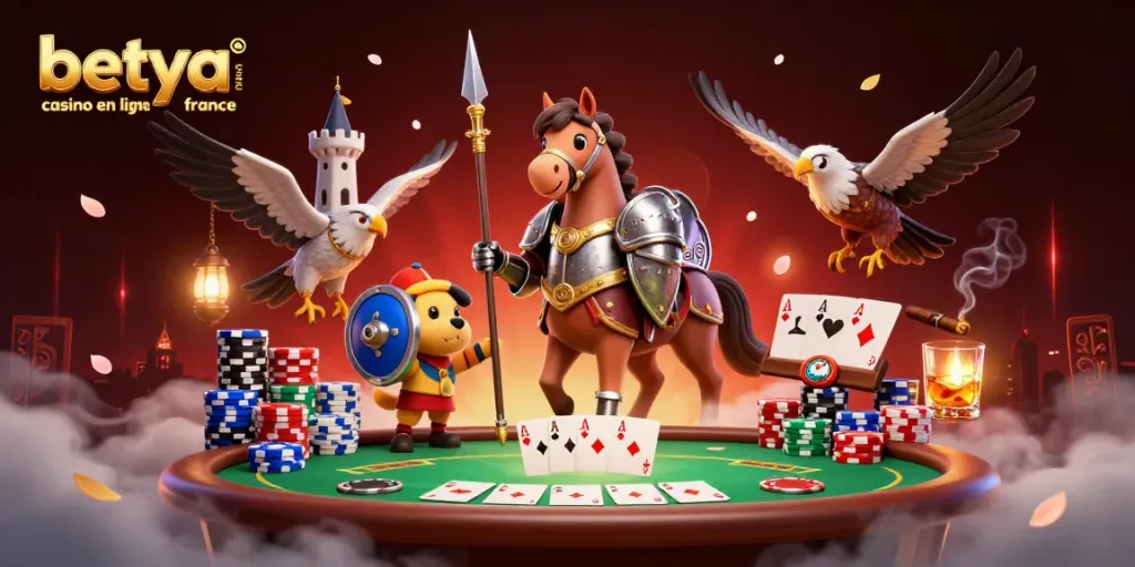 Experience immersive gaming at betya.com casino en ligne france with a lively 3D knight-themed illustration.
