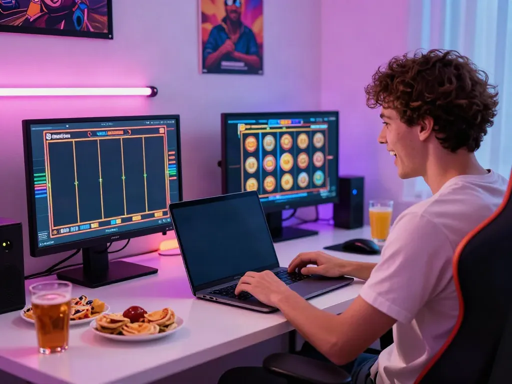 Engaged player at POKA88 link login enjoying online slot games in a colorful gaming environment.