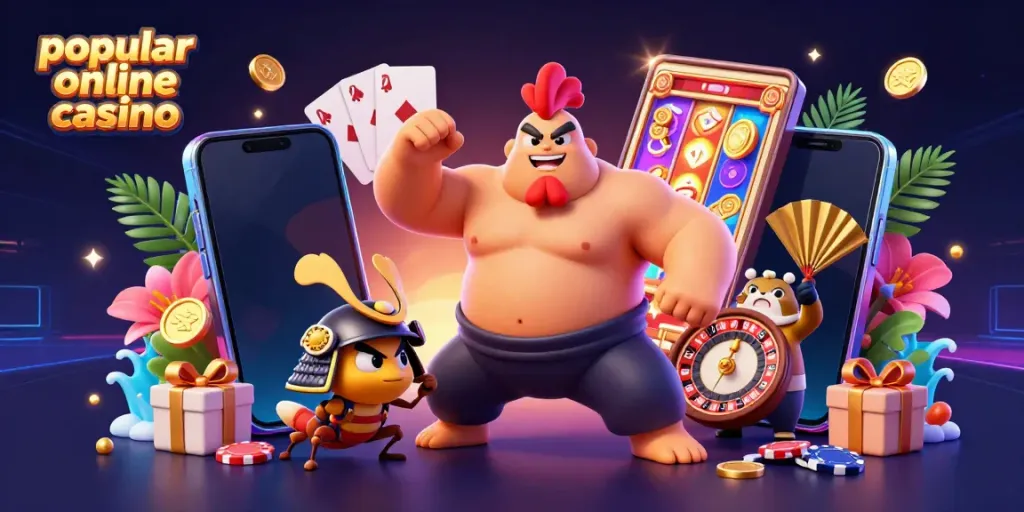 Exciting 3D scene of a powerful sumo wrestler rooster, tiny cricket, and tanuki, celebrating at a popular online casino.