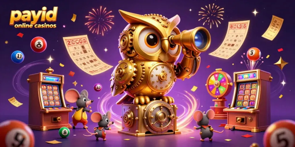 Experience the thrill of payid online casinos with an energetic 3D illustration of an owl and mice at a vibrant casino.