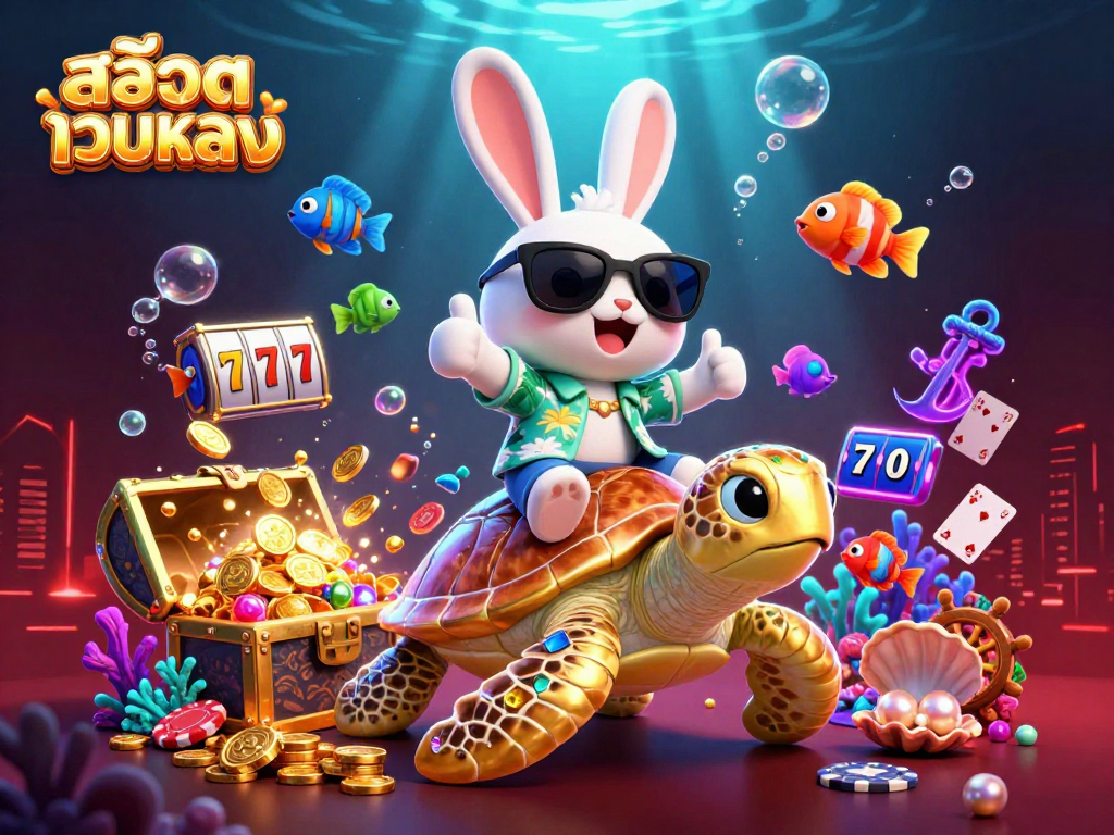 Spin to win big with สล็อตเว็บตรง as the lucky rabbit rides a golden turtle among gems and underwater treasures.