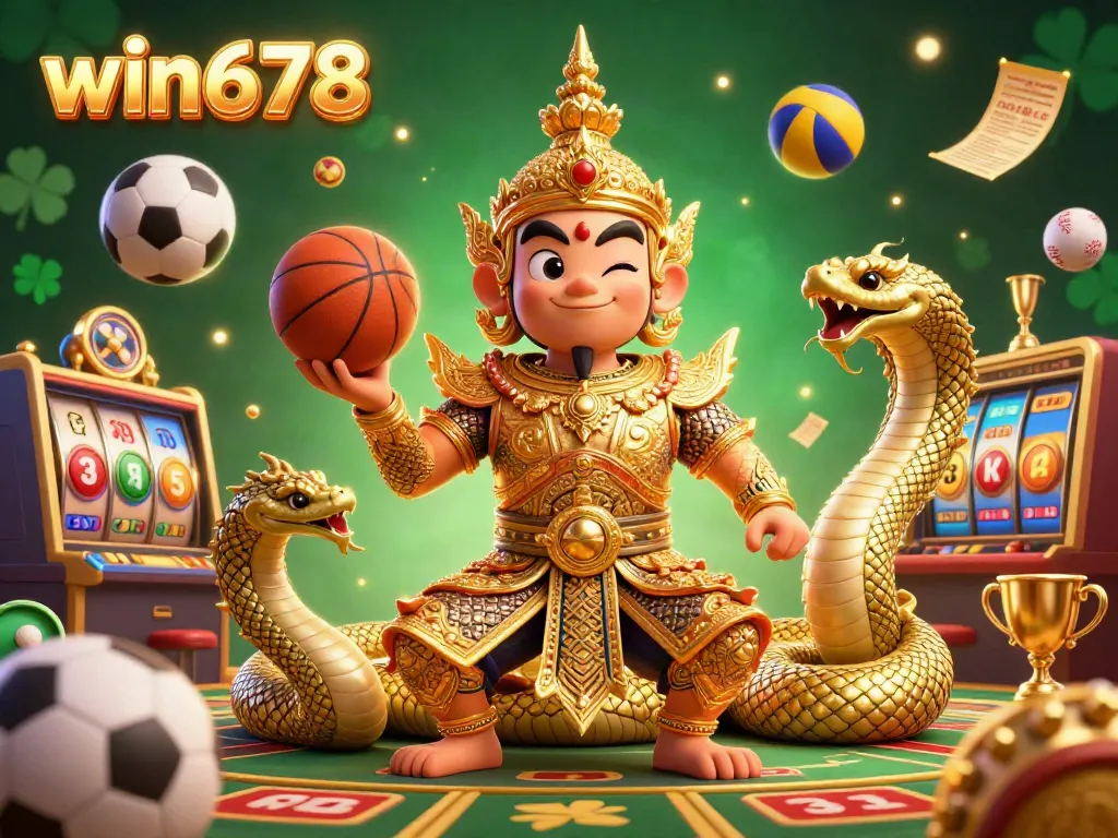 Experience win678's vibrant casino atmosphere with a friendly yaksha guardian, golden Naga companions, and exciting game elements.