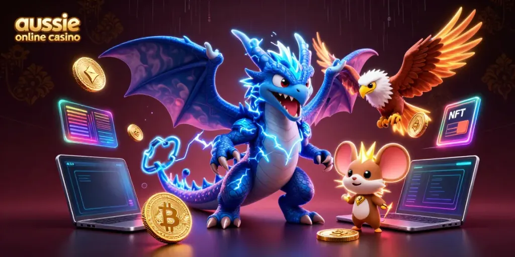 Aussie online casino illustrated scene showcasing a thunder dragon and a wind hawk amid crypto symbols.
