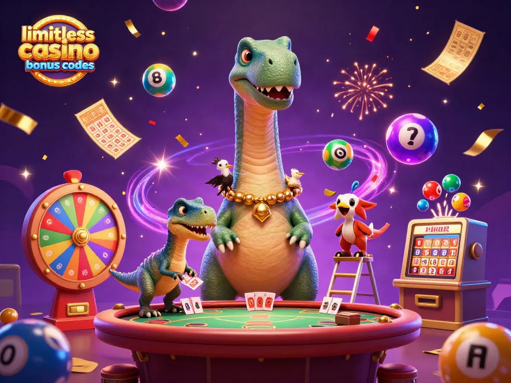 Experience limitless casino bonus codes with a playful brontosaurus, raptor dealer, and festive gaming elements.